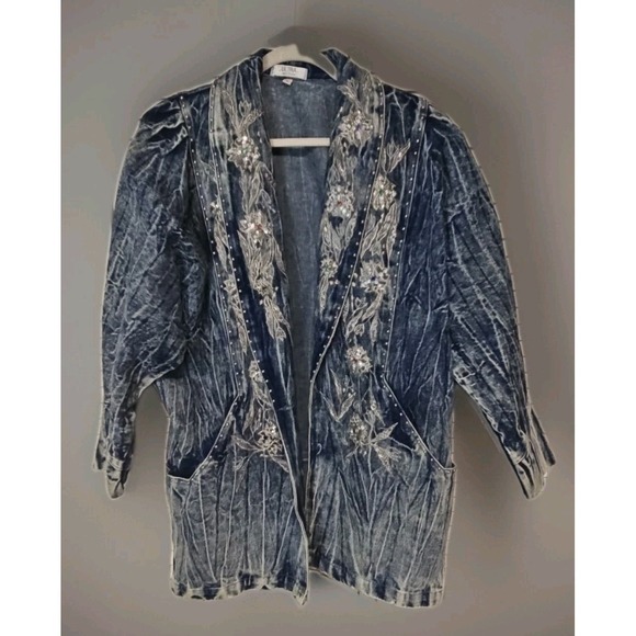 Ultra Club Jackets & Blazers - Vintage Bling Blue Acid Wash Oversized Denim Jacket 80s Appliques & Studded M